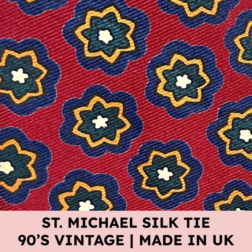 St. Michael Silk Tie Red Geometric Print Vintage Maximalist Academia Retro